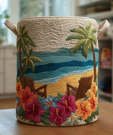Luxury Quilted Laundry Hamper In Soft Shore Print — Collapsible Fabric Basket With Handles, Large Capacity & Durable