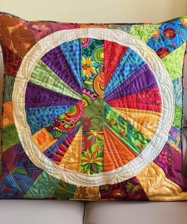 Solar Peace Quilted Throw Pillow Cover — Sunny Retro-Boho Pillow Case With Peace Motif, Soft Quilting For Sunny Rooms & Cozy Corners