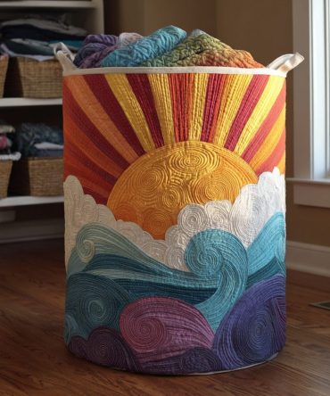 Solar Bloom Quilted Laundry Hamper – Floral Sun Pattern, Foldable Decorative Storage Basket With Handles, Machine-Washable & Durable