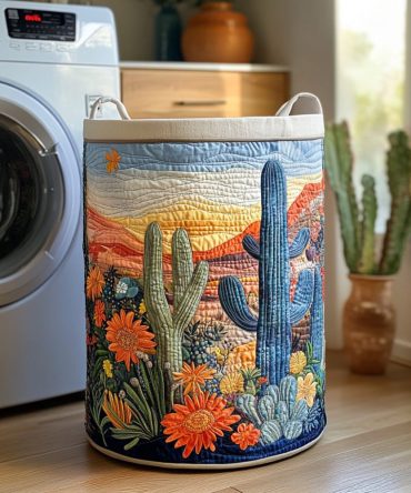 Cactus Quilted Laundry Basket - Modern Spiny Print Fabric Hamper, Large Capacity, Foldable Fabric Hamper With Sturdy Handles & Easy-Care