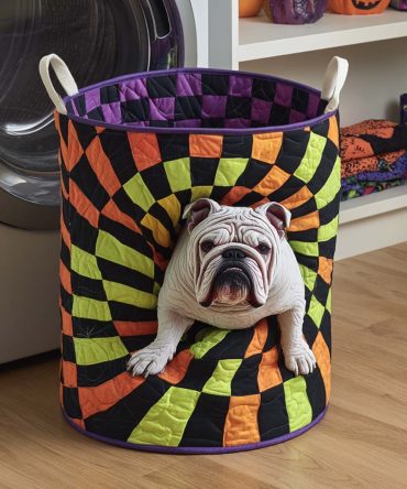 Spiral Bulldog Quilted Laundry Hamper — Modern Dog-Print Storage Basket, Fold-Flat Quilted Organizer For Home & Dorm