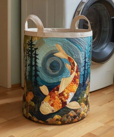 Premium Quilted Storage Hamper - Spiral Depths Koi Patterned Fabric Organizer, Foldable Laundry & Home Storage, Durable