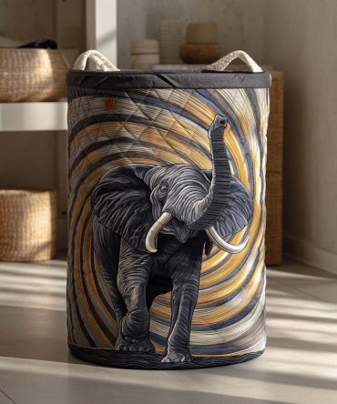 Spiral Elephant Quilted Laundry Hamper — Modern Geometric Fabric Storage Basket For Stylish Nursery & Kids Room Organization