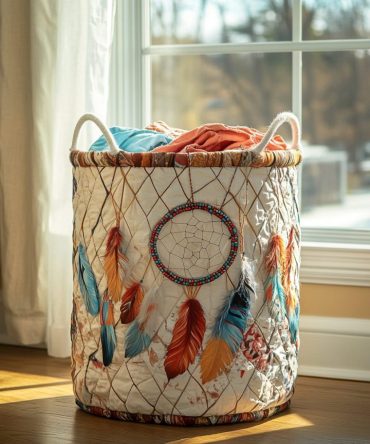 Spirit Feathers Quilted Laundry Hamper — Boho Feather-Print Fabric Basket With Handles, Collapsible Hamper For Stylish Storage