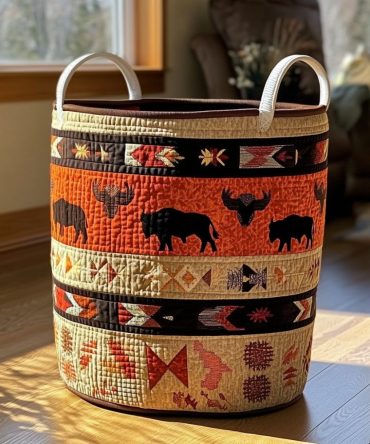 Spirit Herd Quilted Fabric Hamper – Boho Collapsible Laundry Basket With Animal Motif, Durable Quilting & Easy-Carry Handles For Trendy Home Storage
