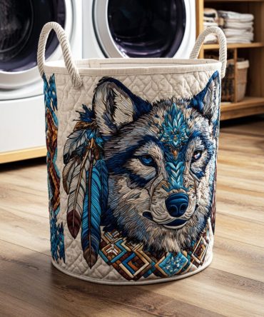 Spirit Howl Quilted Wolf Laundry Hamper — Inspirational Tribal Design Collapsible Basket, Durable Fabric Storage For Living Room & Dorm