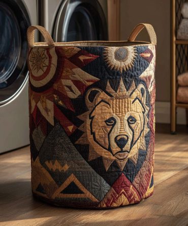 Spirit Tribal Bear Quilted Storage Hamper - Rustic Quilted Laundry Basket With Native-Inspired Bear Motif For Cozy Rooms