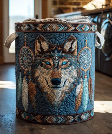 Spirit Wolf Quilted Laundry Hamper — Elegant Wolf Motif Quilted Basket, Collapsible & Heavy-Duty Handles For Everyday Use