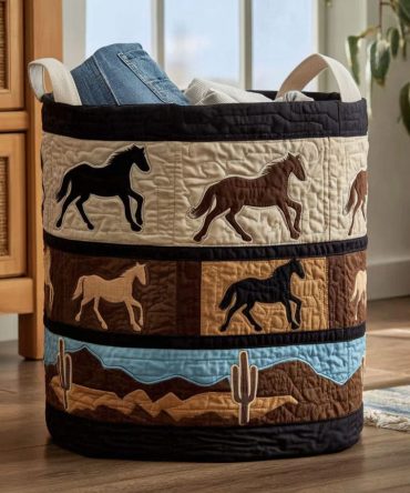 Western Spirit Quilted Laundry Hamper — Rustic Open Range Design Decorative Basket With Sturdy Handles, Collapsible For Easy Storage