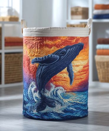 Charming Whale Quilted Laundry Hamper — Cute Nautical Fabric Storage Basket For Kids, Nursery & Toy Organization