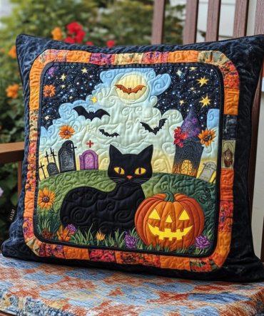 Spooky Cat Halloween Quilted Pillow Cover — Festive Black Cat & Pumpkin Accent Case, Durable Cotton Throw Pillow For Seasonal Decor