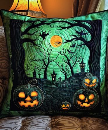 Eerie Spooky Forest Quilted Pillow Cover — Halloween-Themed Gothic Throw Cushion For Seasonal Decor & Haunted Home Vibes