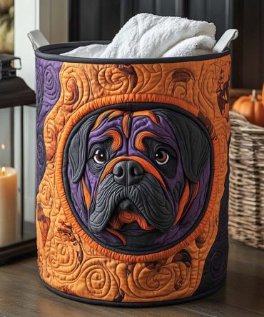 Spooky Bulldog Quilted Laundry Hamper – Playful Halloween-Themed Collapsible Fabric Basket With Handles For Kids, Parties & Seasonal Decor