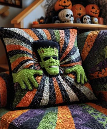 Spooky Frankenstein Quilted Pillow Cover — Playful Frankenstein Halloween Throw Pillow Case, Quilted Monstrous Sham With Hidden Zipper, Fun Seasonal Decor