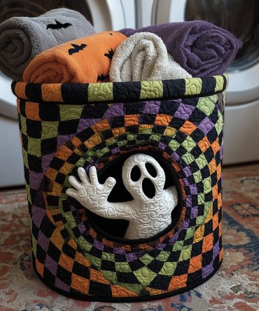 Spooky Joy Quilted Laundry Basket – Halloween Pumpkin & Ghost Print Fabric Hamper, Collapsible Durable Laundry Storage For Home