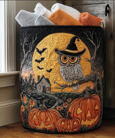 Spooky Owl Quilted Laundry Hamper - Halloween Decorative Fabric Basket With Handles , Fun Seasonal Organizer, Durable & Easy-Care