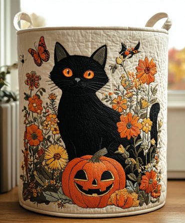 Spooky Paws Quilted Laundry Hamper — Halloween Cat Paw Print Collapsible Fabric Basket With Handles, Festive Decorative Storage For Seasonal Decor
