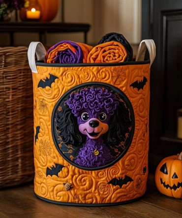 Spooky Poodle Quilted Laundry Basket – Halloween Poodle Print Fabric Hamper, Foldable Durable Laundry Storage For Kids & Bedroom