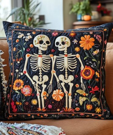 Skeleton Halloween Quilted Throw Pillow Cover – Spooky Bone Skull Decorative Cushion For Haunted Home & Party