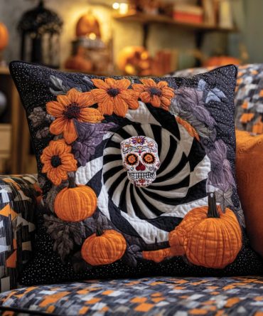 Spooky Swirl Quilted Pillow Cover — Whimsical Halloween Accent With Curved Motifs, Soft Quilted Fabric, Zippered For Easy Insert Removal