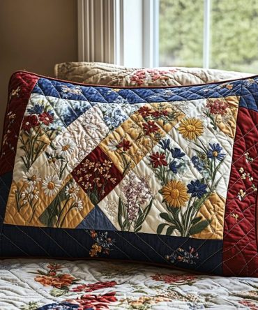 Garden Patchwork Quilted Pillow Cover — Spring Flowers Decorative Throw Pillowcase, Vintage Floral Accent For Cozy Living Spaces & Bedrooms