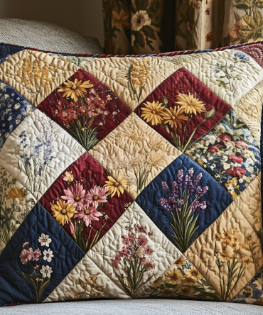 Spring Flowers Patchwork Quilted Pillow Cover — Colorful Floral Patch Throw Accent, Decorative Pillowcase For Fresh Seasonal Home Decor