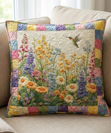Spring Meadow Quilted Pillow Cover - Light Floral Cotton Sham For Bright Springtime Bedroom Decor & Soft Quilted Texture