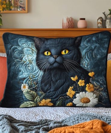 Spring Whisker Quilted Decorative Pillowcase - Playful Floral Cat Accent Pillow Cover, Soft Cotton, Machine Washable