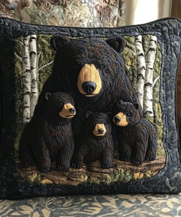 Spring Bear Family Quilted Pillow Cover — Adorable Animal-Themed Throw Pillowcase For Kids Rooms & Cottage Decor