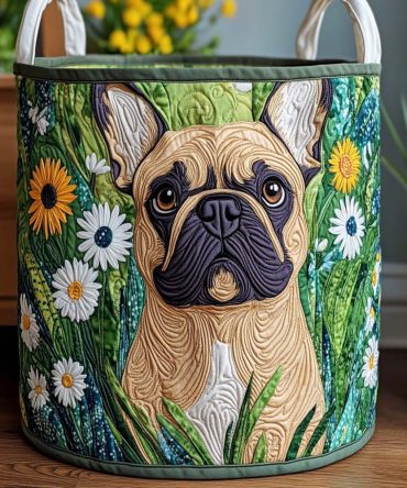 Spring Garden Frenchie Quilted Laundry Hamper — Cheerful Floral French Bulldog Foldable Fabric Basket With Sturdy Handles & Easy-Clean Cover