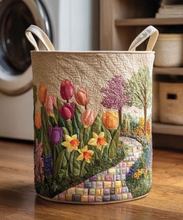 Spring Meadow Quilted Laundry Hamper — Fresh Floral Fabric Basket With Handles, Collapsible Lightweight Laundry Storage For Home