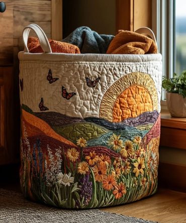 Spring Wings Quilted Cotton Laundry Hamper - Floral-Inspired Foldable Fabric Basket With Reinforced Handles