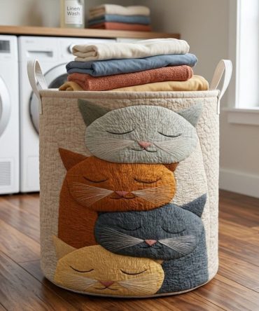 Stacked Snoozers Quilted Laundry Organizer — Large Sleepy Animal Print Hamper, Washable Cotton Quilt, Collapsible & Easy-Carry Laundry Bin