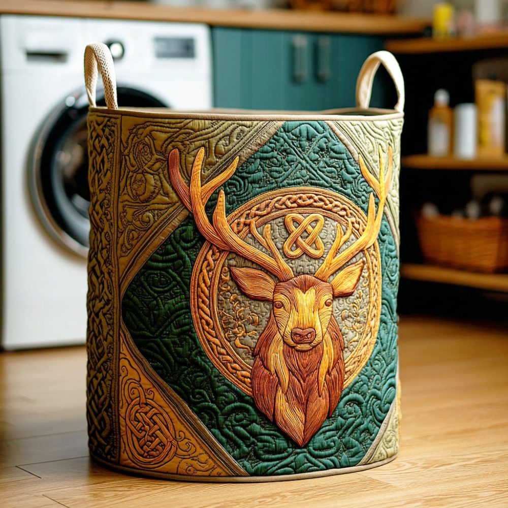 Stag Circle Quilted Laundry Hamper – Rustic Quilted Fabric Basket With Sturdy Handles, Collapsible & Gift-Ready Design