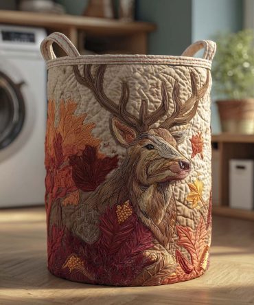 Stagwatch Quilted Laundry Hamper - Rustic Stag Print Fabric Basket With Comfortable Handles, Spacious & Foldable Design