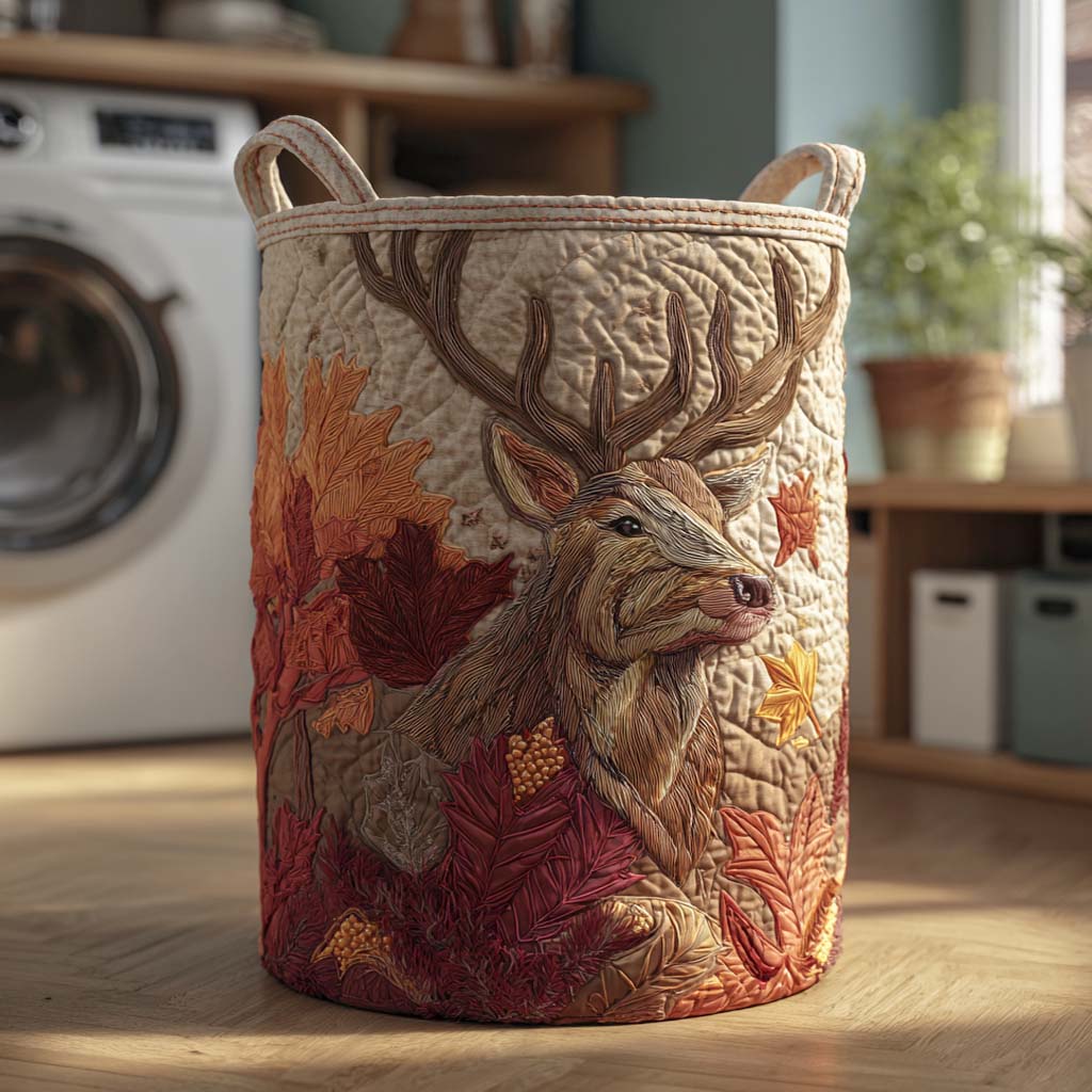 Stagwatch Quilted Laundry Hamper - Rustic Stag Print Fabric Basket With Comfortable Handles, Spacious & Foldable Design