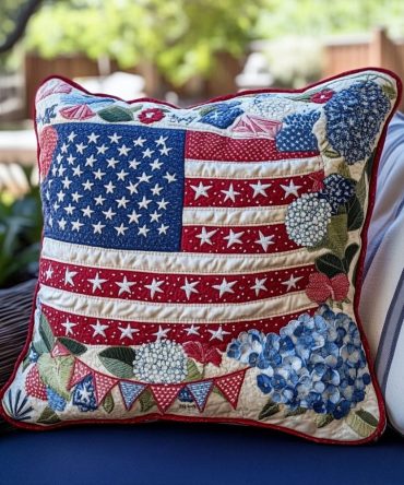 Star-Spangled Floral Quilted Pillow Cover — Patriotic Stars & Flowers Decorative Throw Pillowcase For Sofa, Patio & Celebration Decor