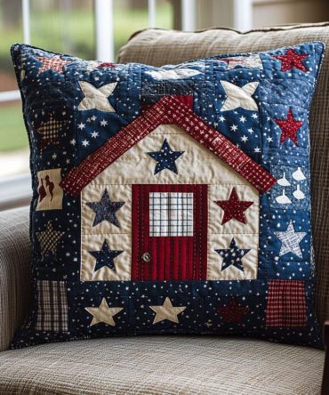 Star-Spangled Homes Quilted Pillow Cover - Americana Home Accent, Patriotic Patchwork, Soft Cotton, Farmhouse Style