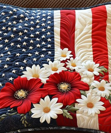 Star Spangled Blooms Quilted Pillow Cover — Patriotic Floral Decorative Pillowcase With Stars & Blooms, Quilted Cotton Accent For Holidays