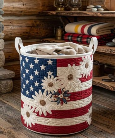 Star Flower Meadow Quilted Laundry Hamper - Floral Country-Style Fabric Basket, Foldable With Sturdy Handles For Bedroom & Nursery