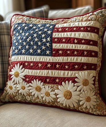 Patriotic Star Garden Quilted Throw Pillow Cover – American Flag Floral Accent, Reversible Cotton Blend, Machine-Washable