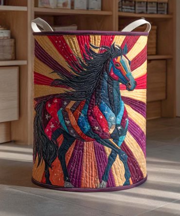 Star Stallion Quilted Laundry Hamper — Horse Motif Decorative Fabric Basket With Sturdy Handles, Collapsible Frame & Protective Inner Liner