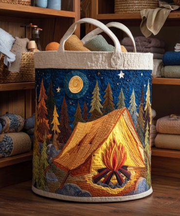 Star Tent Quilted Laundry Hamper — Night Sky Camping Print Collapsible Basket With Strong Handles For Nursery, Bedroom & Closet Organization