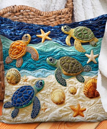 Celestial Turtle Quilted Pillow Cover - Starry Sea Turtle Decorative Throw Pillowcase, Coastal Boho Accent, Soft Cotton Blend