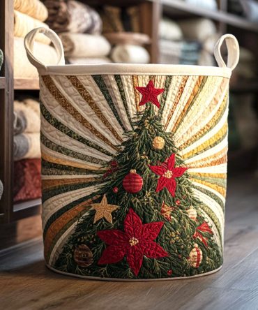 Starburst Pine Quilted Laundry Organizer — Decorative Tree & Star Design, Soft Fabric Hamper With Handles, Foldable For Easy Storage