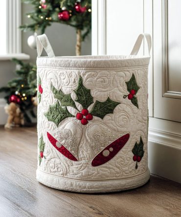 Starlight Bells Quilted Laundry Bag - Elegant Star & Bell Print Fabric Hamper, Collapsible Large Capacity, Washable Holiday Storage