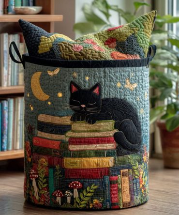 Whimsical Quilted Laundry Hamper — Starlit Bookland Illustration, Foldable Fabric Bin With Padded Walls & Easy-Carry Handles