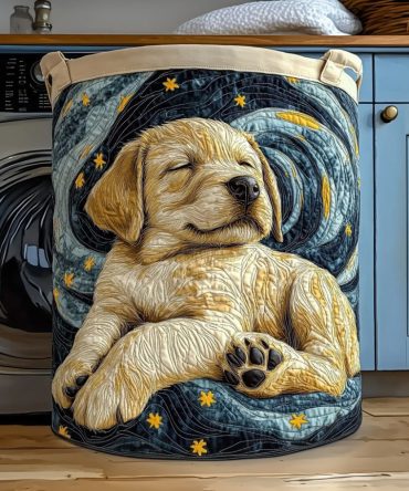 Cream Quilted Laundry Hamper With Labrador Design — Foldable Fabric Basket, Soft Washable Liner For Bedroom & Nursery