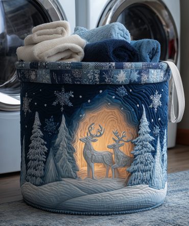 Starlit Reindeer Quilted Laundry Hamper — Festive Foldable Basket With Reindeer Motif, Durable Cotton-Blend, Holiday & Winter Storage