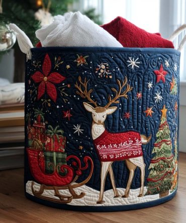 Starlit Stag Quilted Fabric Hamper — Rustic Holiday Foldable Laundry Basket With Handles, Decorative Storage For Home & Seasonal Use